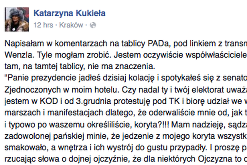 Katarzyna Kukieła, właścicielka hotelu, w którym Duda prowadził rozmowy z senatorami USA, zabrała głos