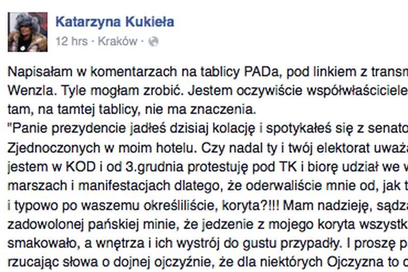 Katarzyna Kukieła, właścicielka hotelu, w którym Duda prowadził rozmowy z senatorami USA, zabrała głos