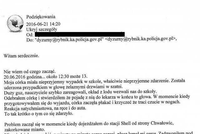 Wzruszający list ojca z Rybnika do policji. Funkcjonariusze pomogli dojechać mu do szpitala z córką.