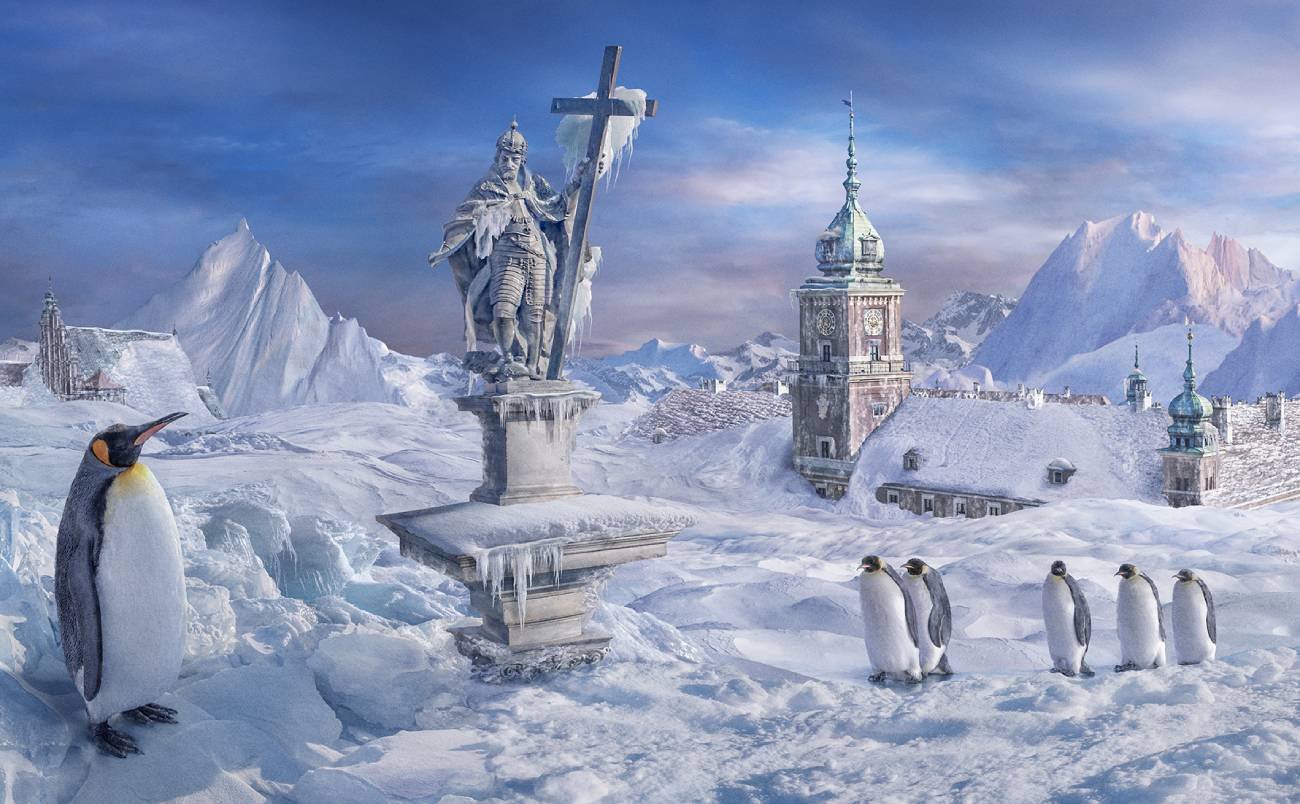 Wizualizacja Warszawy pokrytej lodem, będąca częścią nowej kampanii BBC Earth "Mroźna Polska"