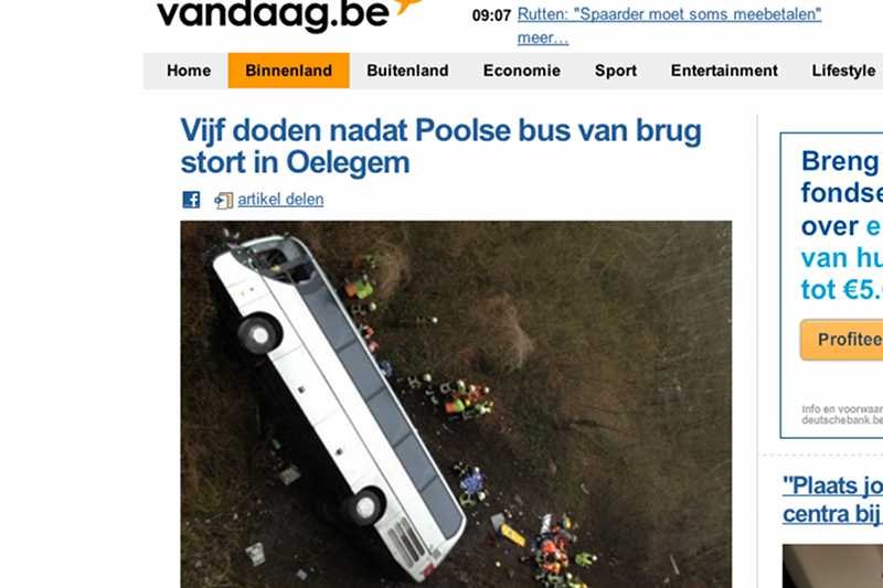 Polski autokar, który rozbił się w belgijskiej miejscowości Ranst.