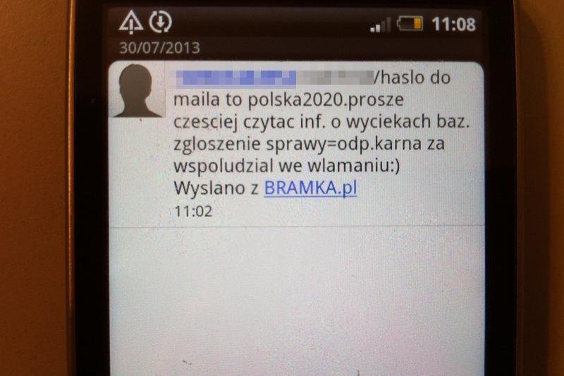 Treść smsa, jakiego Bartkowi wysłał haker, który włamał się na jego skrzynkę pocztową.