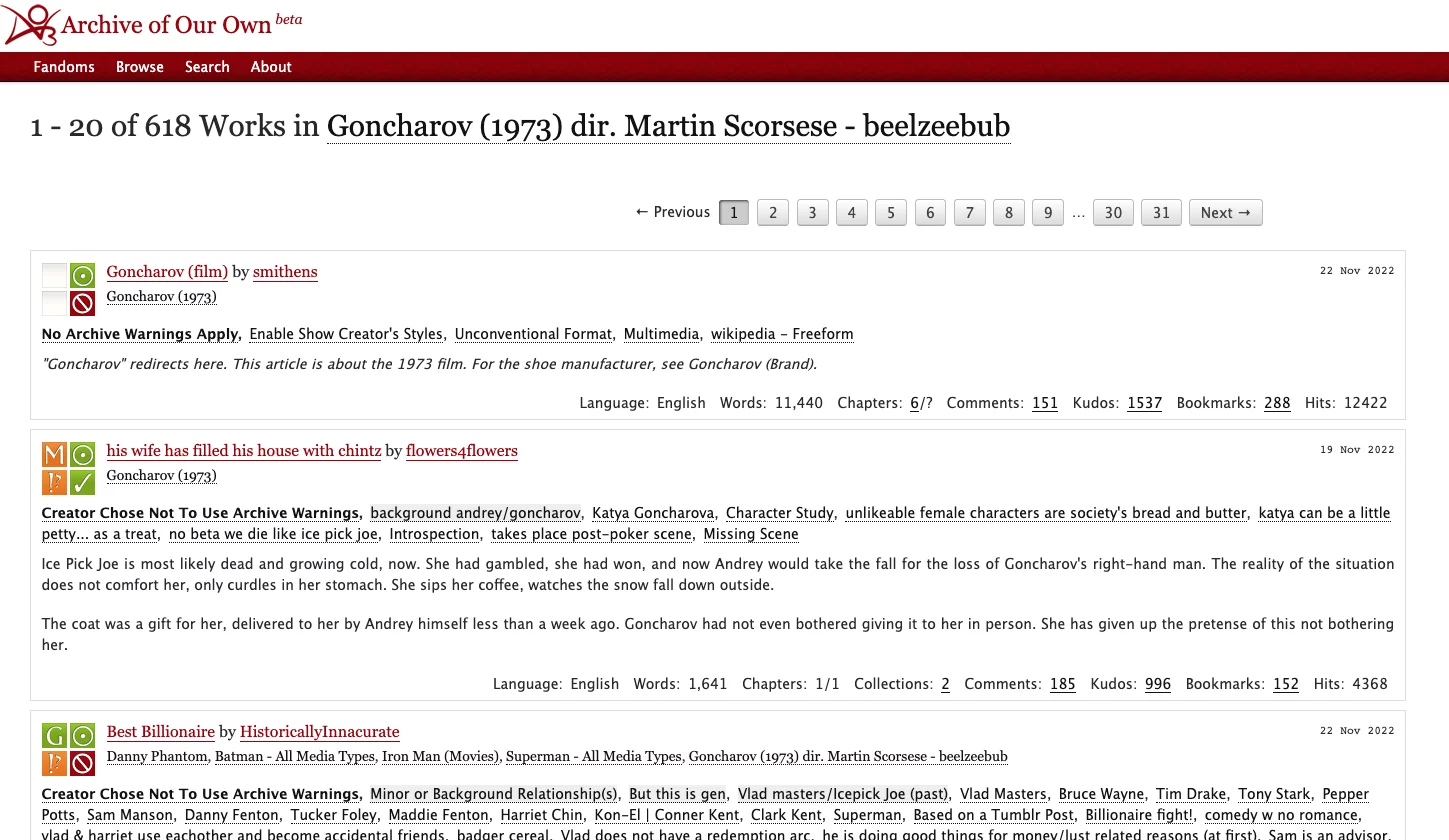 Fanfiki o filmie "Goncharov" na stronie Archive of Our Own.