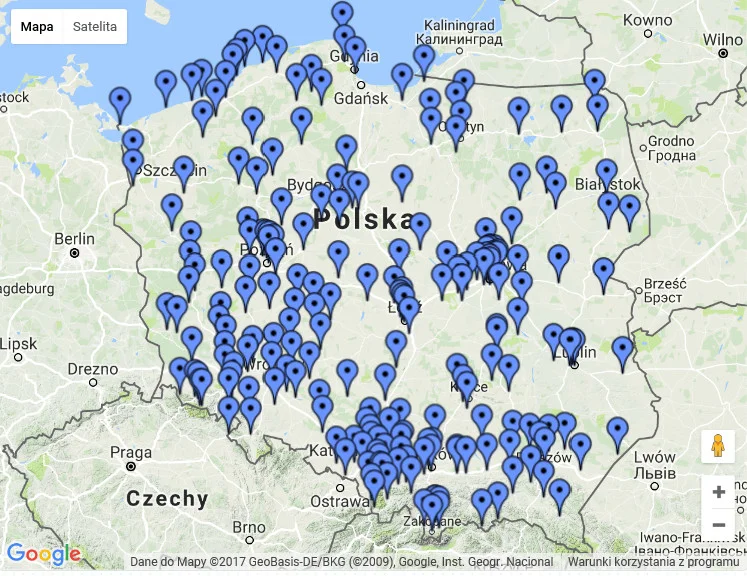 Mapa parków wodnych w Polsce.