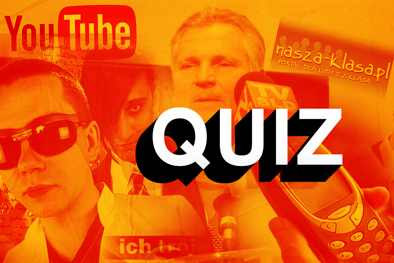 Na zdjęciu ikoniczne symbole lat 2000. W tle m.in. zespół Ich Troje, prezydent Aleksander Kwaśniewski, Nasza-klasa.pl itp.