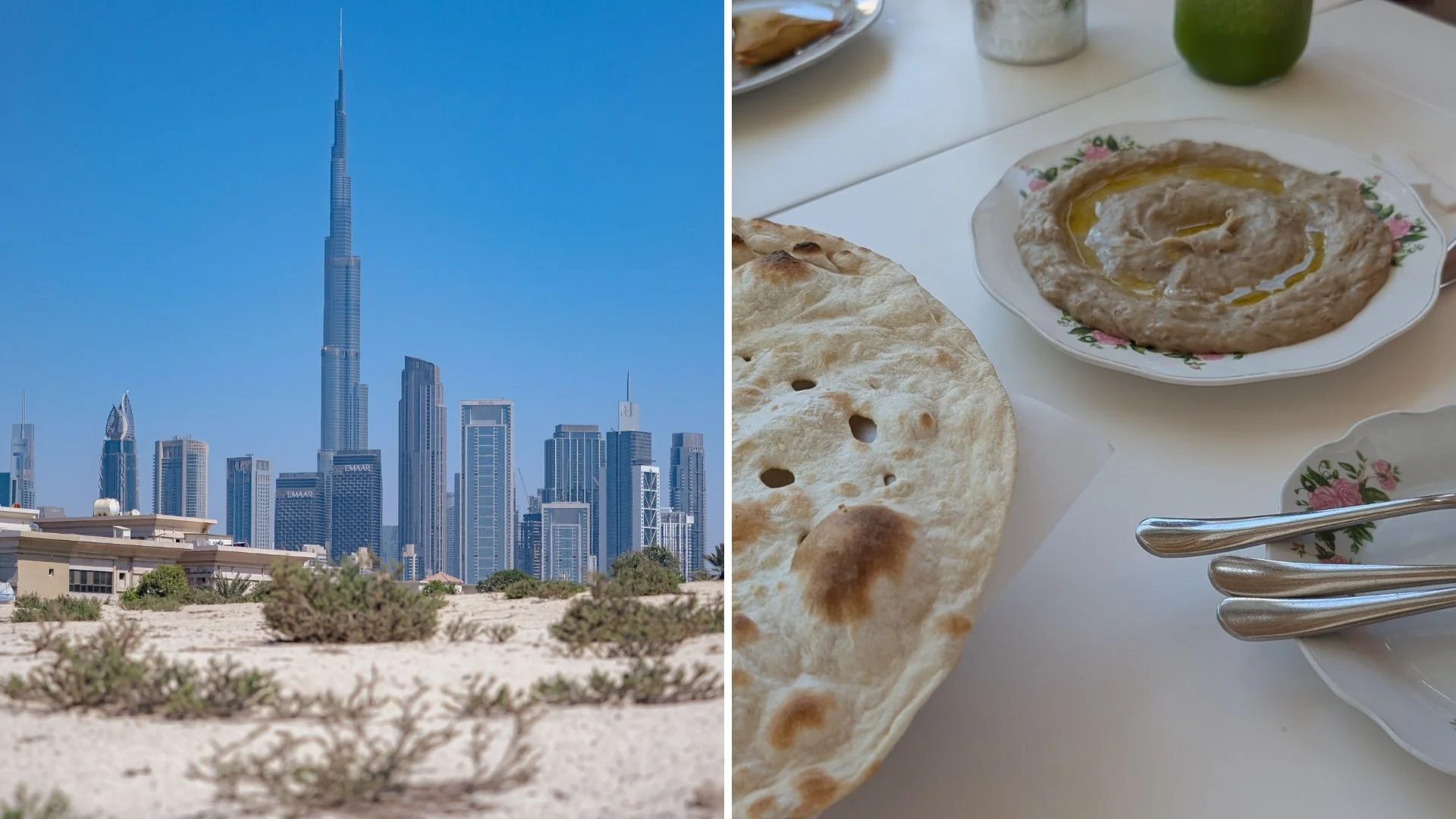 Panorama Dubaju i kuchnia arabska Widok na najwyższy budynek świata i tradycyjna kuchnia arabska