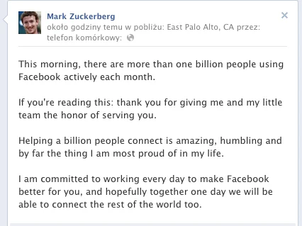Wpis Marka Zuckerberga informujący o miliardzie użytkowników