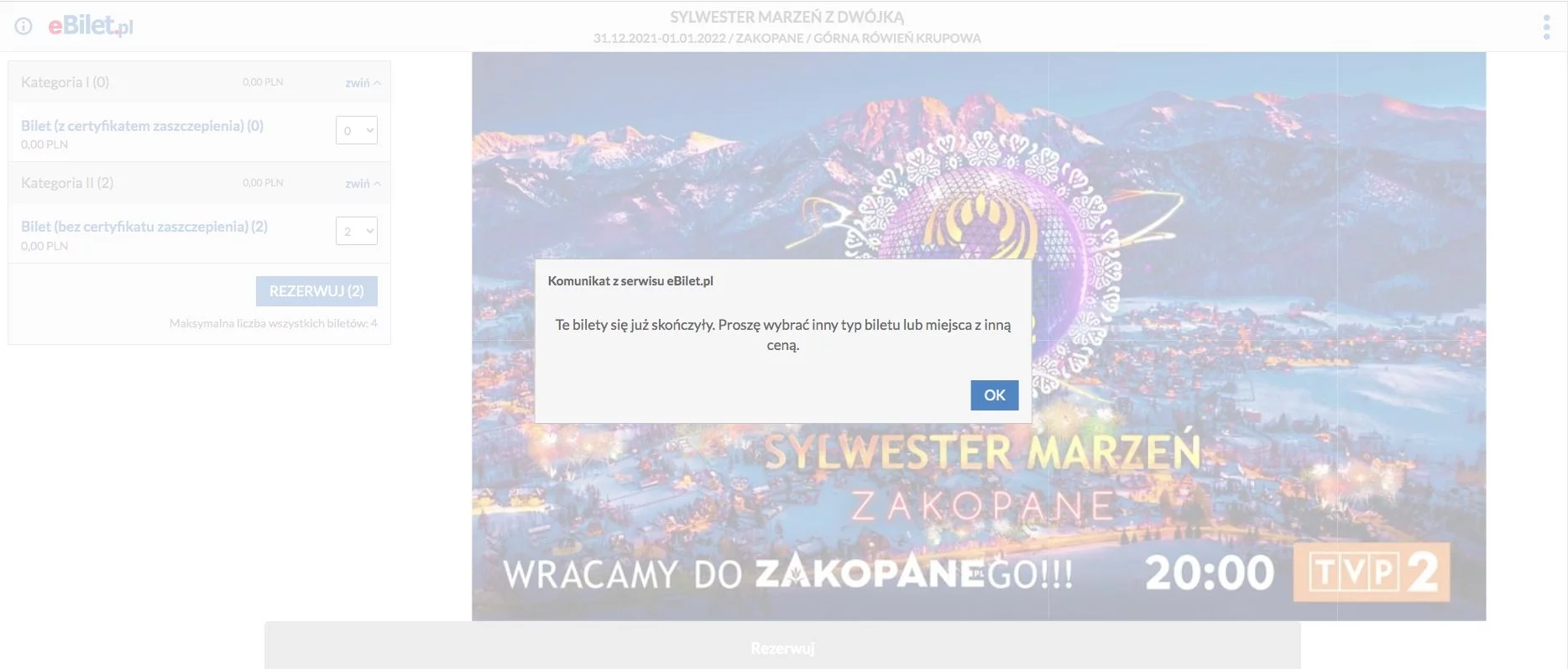 Nie ma już wejściówek na "Sylwestra Marzeń" w puli dla osób niezaszczepionych.