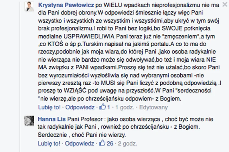 Krystyna Pawłowicz porozmawiała na Facebooku z Hanną Lis