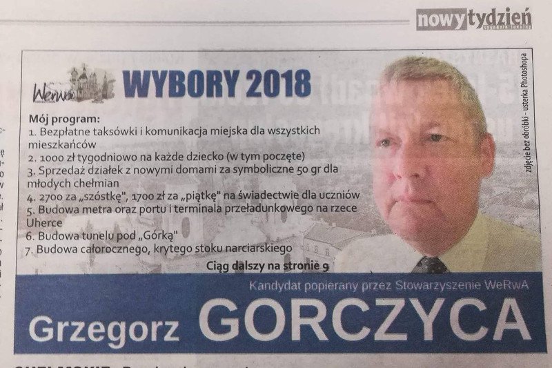 Grzegorz Gorczyca prowadzi w Chełmie parodię kampanii wyborczej.