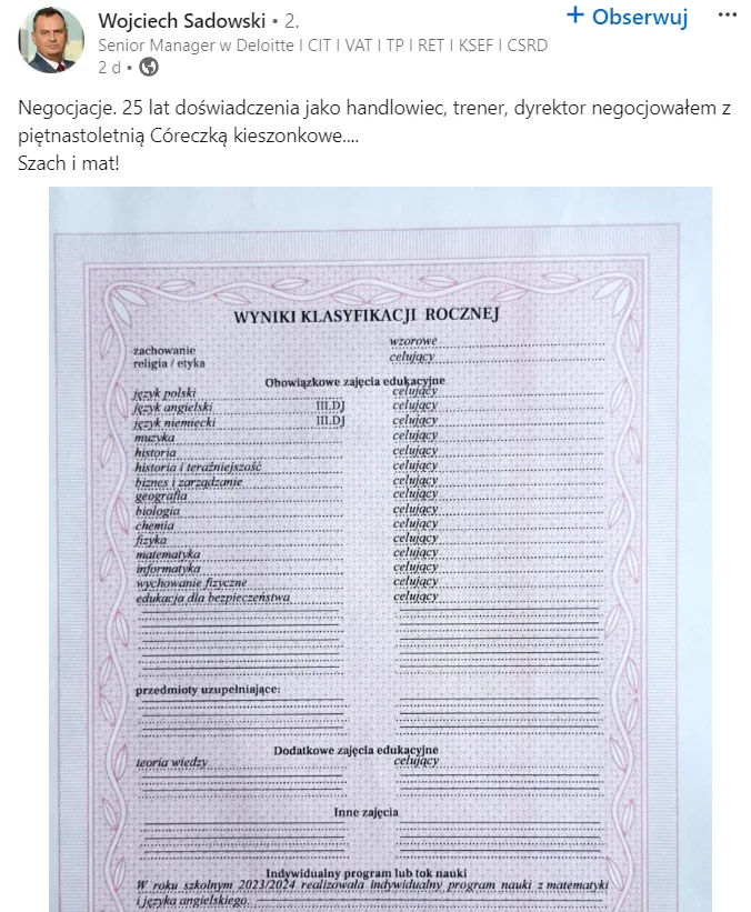 Wrzucił świadectwo córki, która ma same 6-tki. I rozpętało się piekło w komentarzach