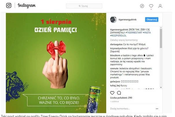 Taki post widniał na profilu Tiger Energy Drink na Instagramie jeszcze w środowe południe. Kiedy zrobiło się o nim głośno, został usunięty.