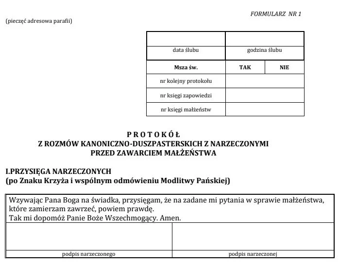Pierwszy formularz, jaki ksiądz wypełnia podczas rozmowy z narzeczonymi.