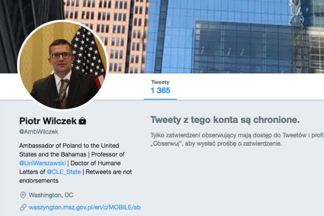 Na Twitterze ambasadora Piotra Wilczka ukazał się tweet o reportażu TVN nt. organizacji "Duma i Nowoczesność". Tweet jednak zniknął, podobnie jak konto Wilczka.