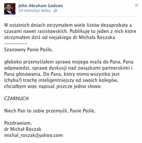 List od krytyka opublikowany przez posła PO Johna Godsona