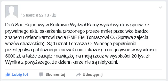 Screen informacji na koncie komornika / Facebook