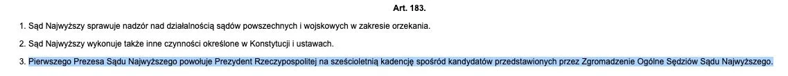 Art. 183 Konstytucji RP określa czas trwania kadencji pierwszej prezes Sądu Najwyższego.