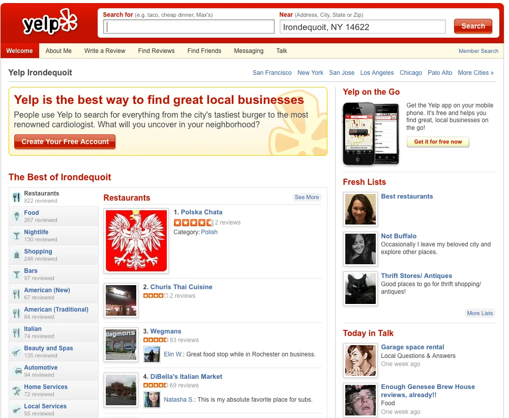 Zrzut ekranu ze strony głównej wyszukiwarki Yelp.