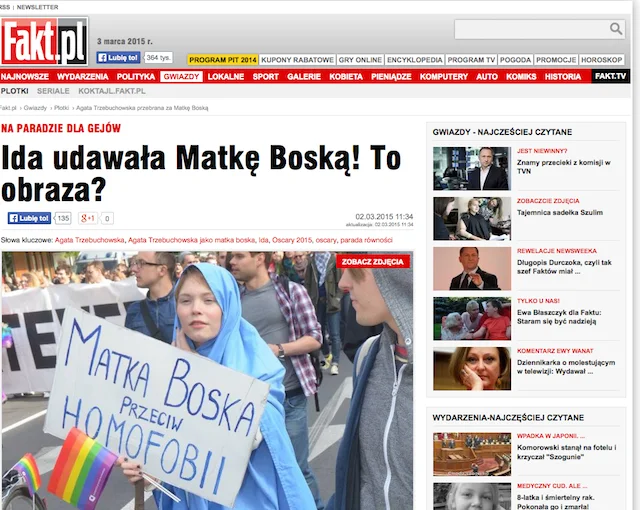 Agata trzebuchowska na paradzie równości w 2012 roku przebrana za matkę Boską.