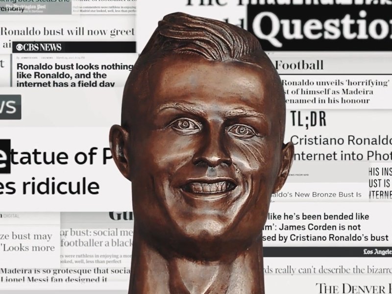 Z pierwszej rzeźby przedstawiającej Cristiano Ronaldo (widocznej na zdjęciu) śmiał się cały świat.