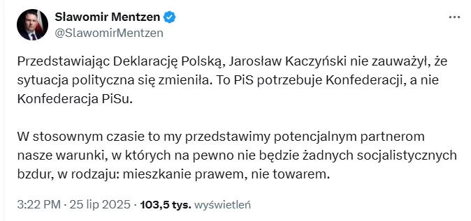 Mentzen zgasił nadzieje Kaczyńskiego. Tak zareagował na propozycję PiS Mentzen zgasił nadzieje Kaczyńskiego. Tak zareagował na propozycję PiS
