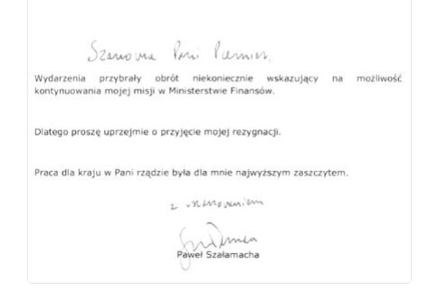 Paweł Szałamacha złożył na ręce premier Szydło dymisję.