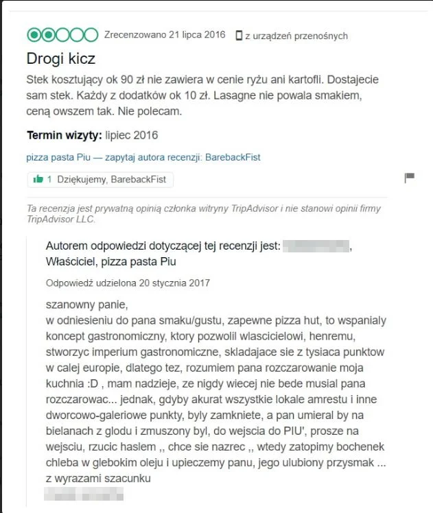 Widać, że właściciel już dawno temu miał problemy z krytyką.