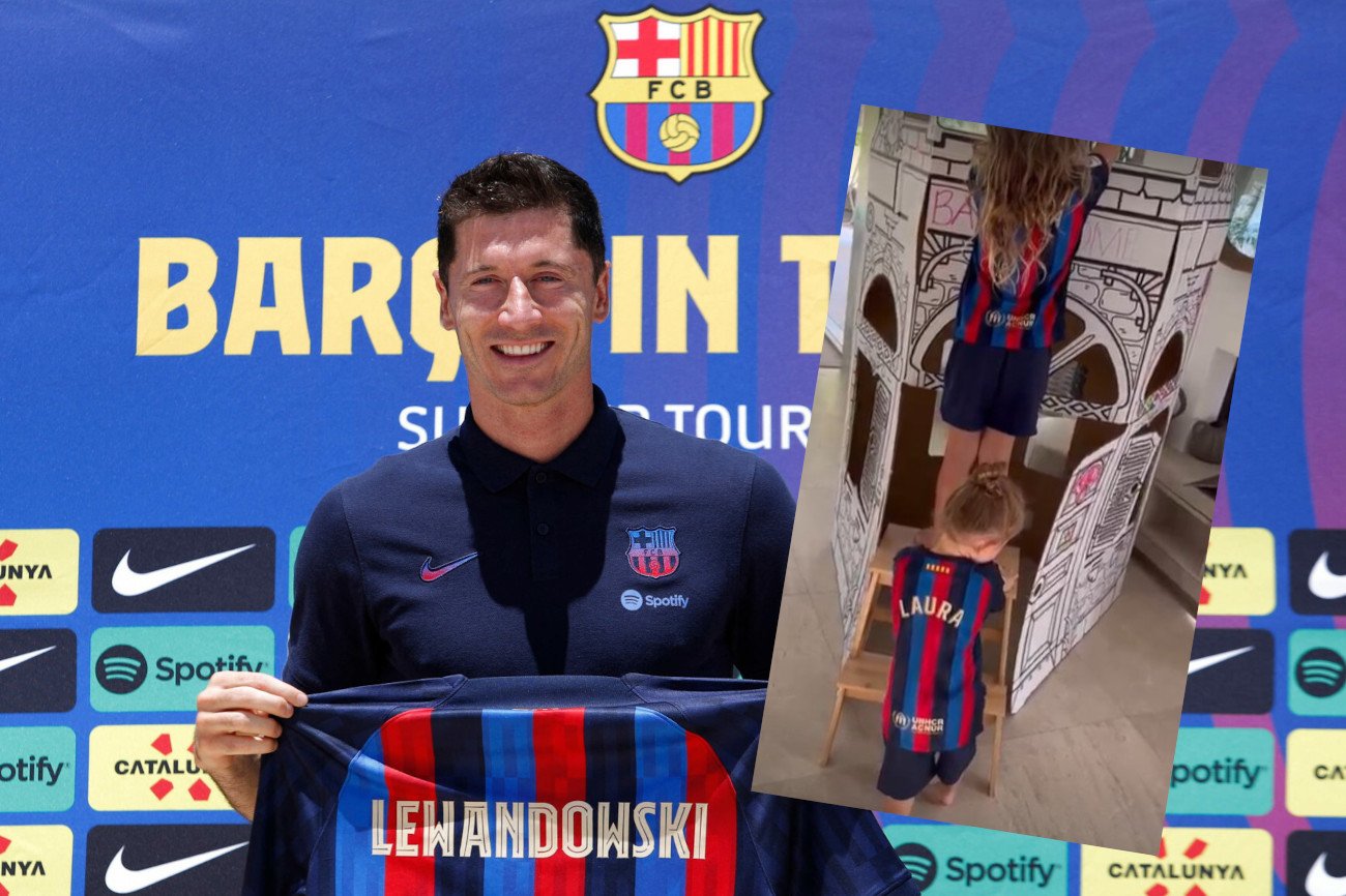 Córki Roberta Lewandowskiego w koszulkach FC Barcelona.