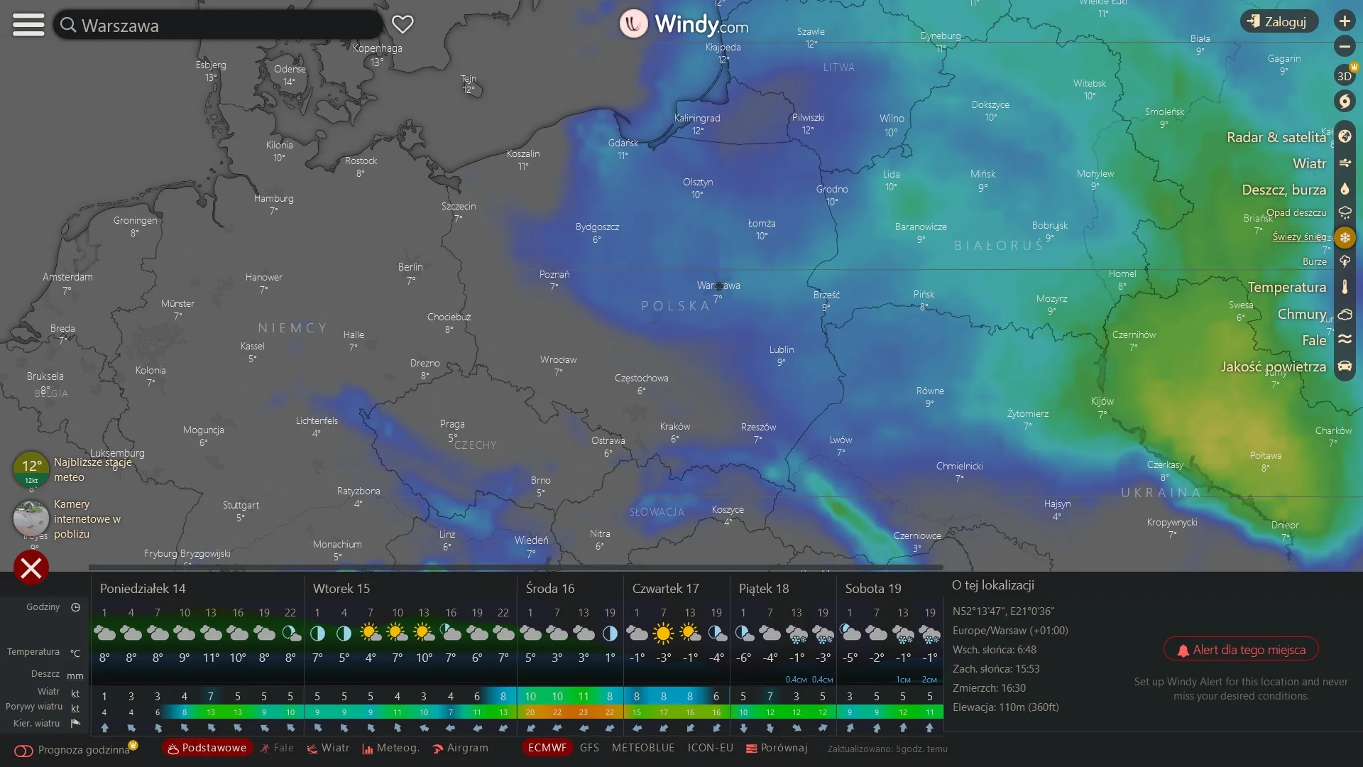 Pogoda dla Warszawy ok. 18-19 listopada wg modelu ECMWF.