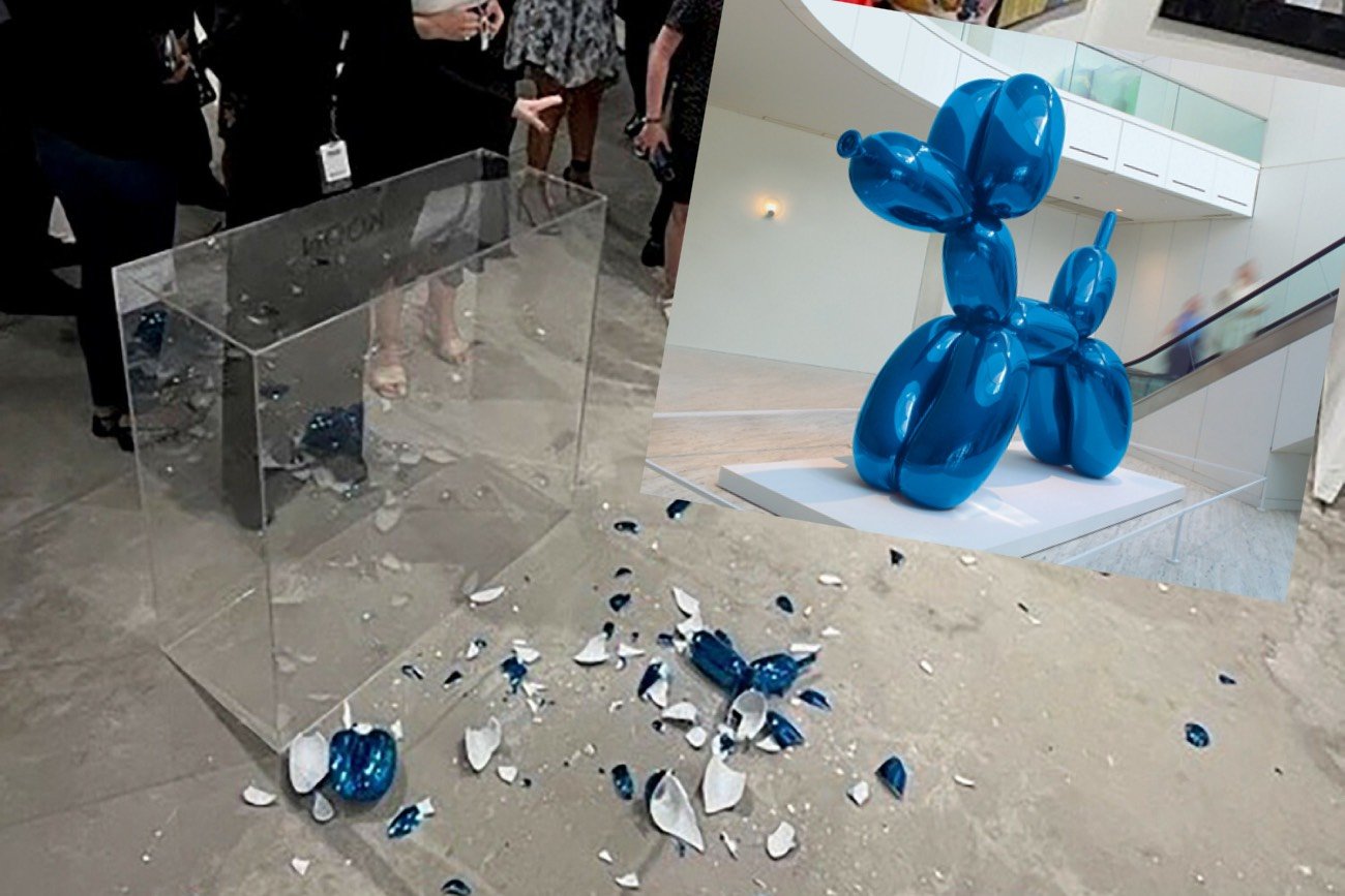 Zniszczona rzeźba "Balloon Dog" Jeffa Koonsa