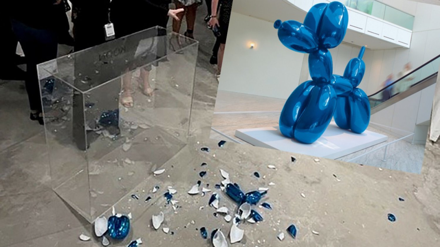 Zniszczona rzeźba "Balloon Dog" Jeffa Koonsa