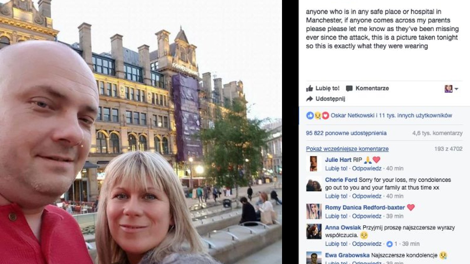 Internautki i internauci składają kondolencje młodej Polsce, której rodzice zginęli w zamachu terrorystycznym w Manchesterze.
