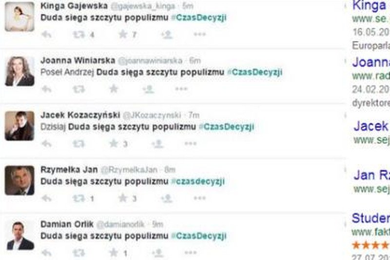 Po prezydenckiej debacie działacze PO wysyłali na Twitterze identyczne wiadomości uderzające w Andrzeja Dudę