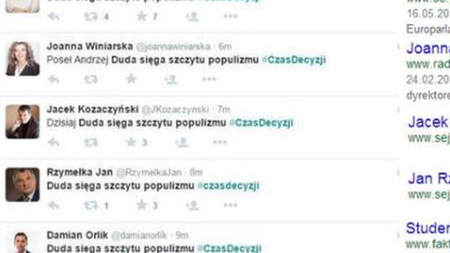 Po prezydenckiej debacie działacze PO wysyłali na Twitterze identyczne wiadomości uderzające w Andrzeja Dudę