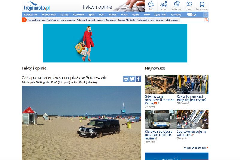 Kierowca zakopał terenówkę na plaży w Sobieszewie. "Nie miał parawanu to w inny sposób zajął sobie miejscówkę"