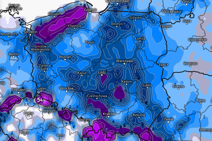 Prognozowany przyrost pokrywy śnieżnej w Polsce w nocy z niedzieli na poniedziałek (12/13 stycznia).