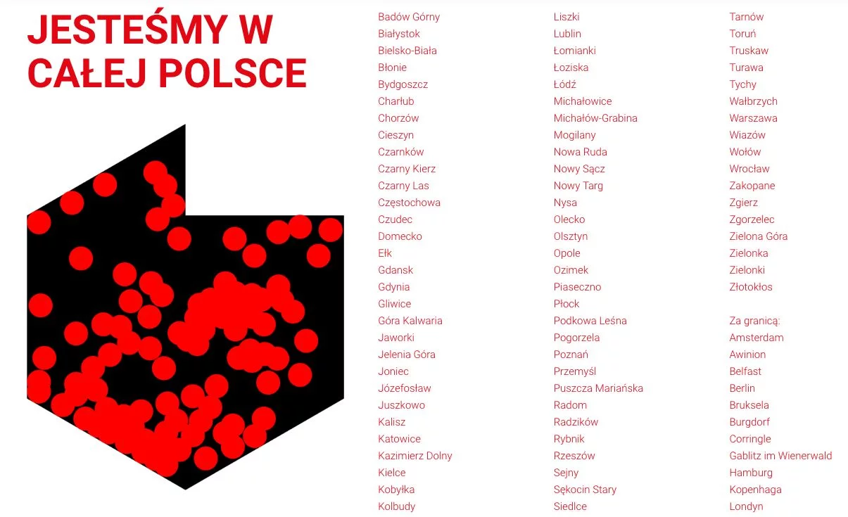Mapa i część spisu miejscowości zaanagażowanych w inicjatywę Kultura Niepodległa.