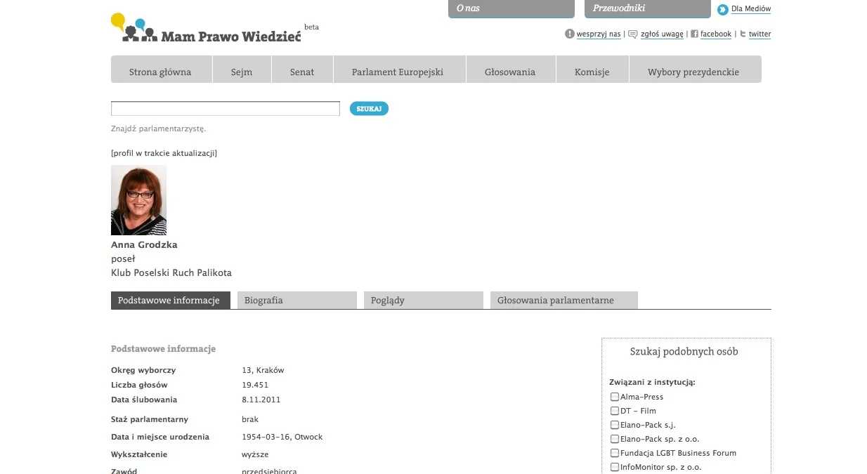 Na portalu MamPrawoWiedziec.pl znajdziecie informacje o doświadczeniu, poglądach i głosowaniach posłanki Anny Grodzkiej i innych parlamentarzystów.