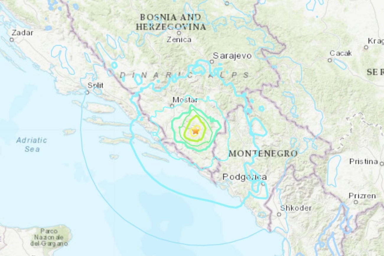 Zasięg trzęsienia ziemi w Bośni i Hercegowinie.