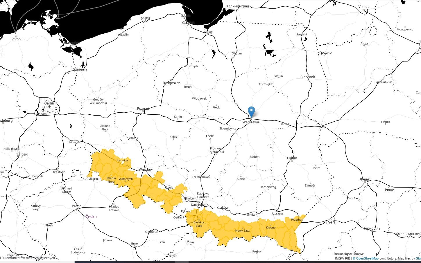 Alert dotyczy województw: dolnośląskiego, opolskiego, śląskiego, małopolskiego i podkarpackiego.