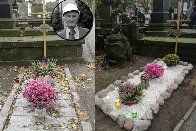 Córka Kopiczyńskiego dowodzi, że grób jej ojca nie wygląda tak źle, jak na zdjęciach które obiegły w ostatnich dniach wszystkie media. Po lewej stronie zdjęcie z sieci, po prawej zamieszczone na Facebooku przez Katarzynę Kopiczyńską.