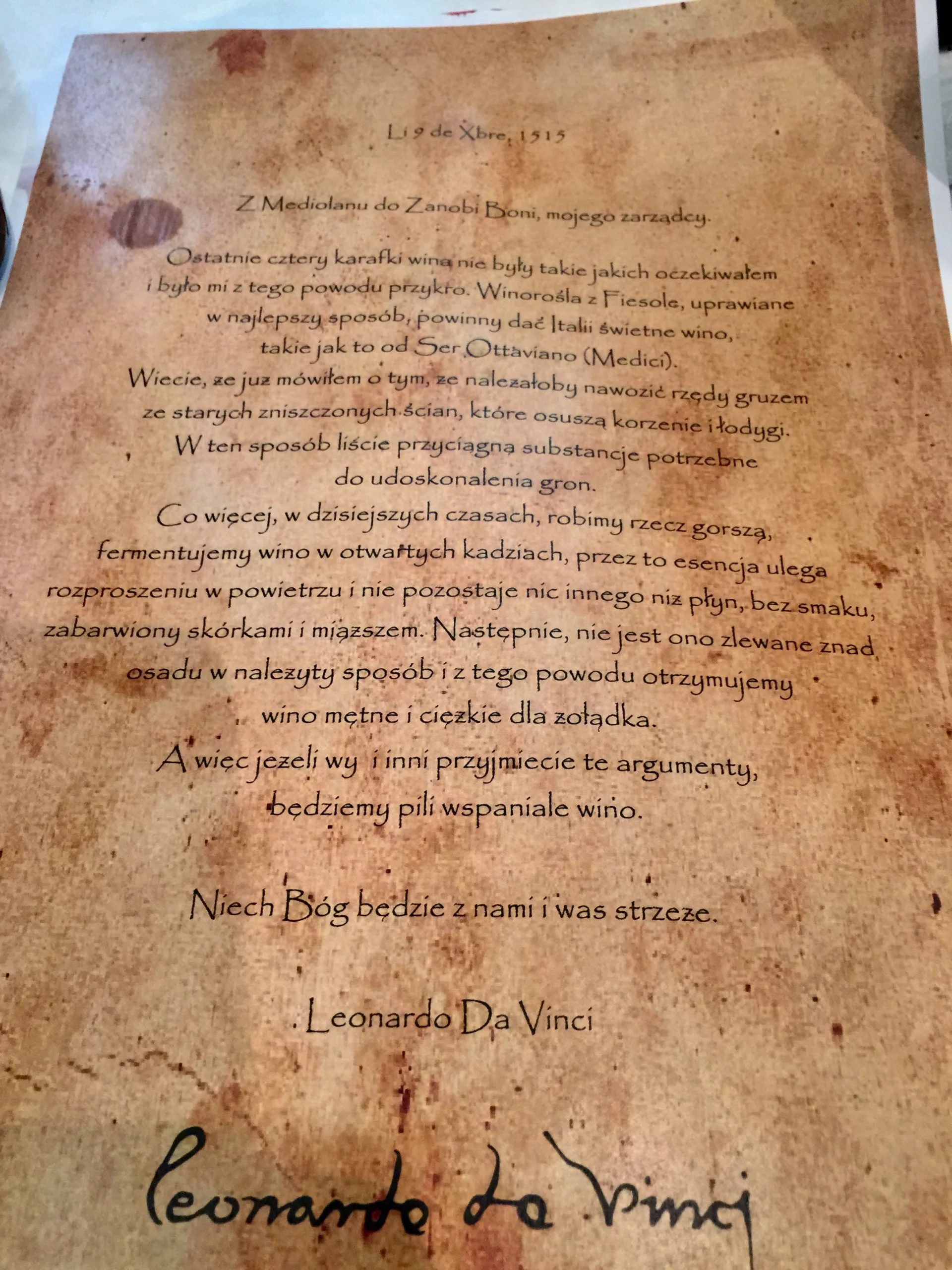 Leonardo da Vinci o winie