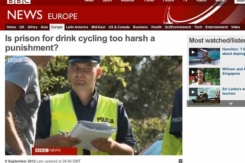 Pijani rowerzyści w Polsce lądują w więzieniach – relacjonuje brytyjska BBC