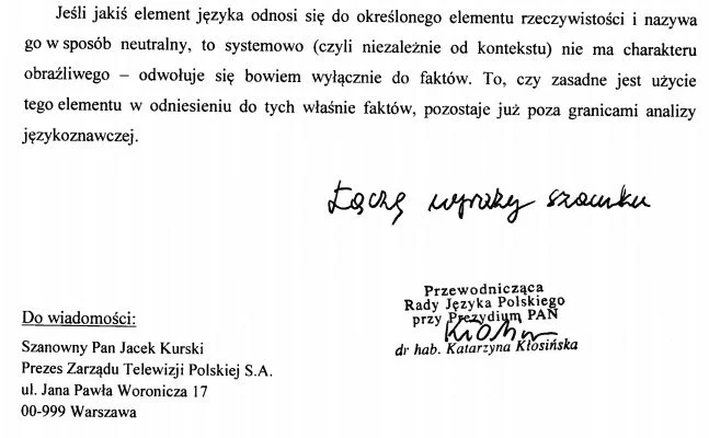 Fragment opinii Rady Języka Polskiego.