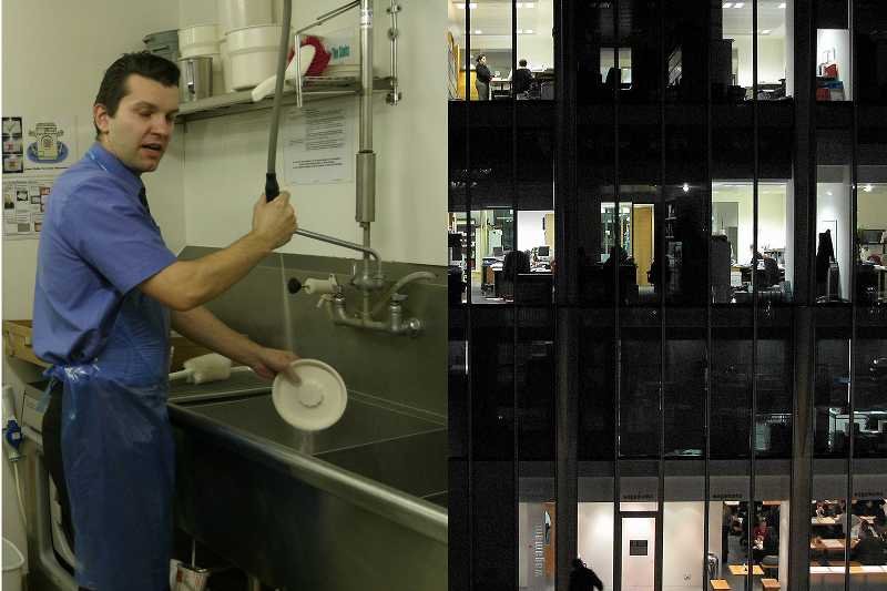 Jedna z londyńskich restauracji i jeden z londyńskich wieżowców. Polak w Wielkiej Brytanii pracuje już nie tylko na zmywaku, lecz i w korporacji.