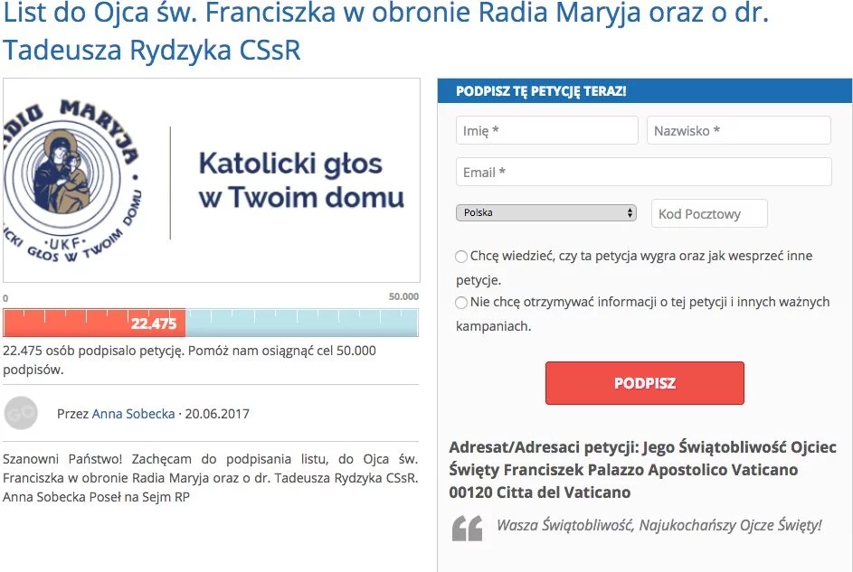 List do papieża Franciszka w obronie Radia Maryja i jego dyrektora.
