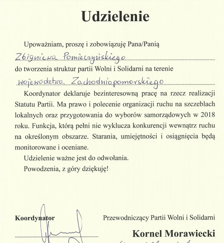 Udzielenie dla Zbigniewa Pomieczyńskiego.