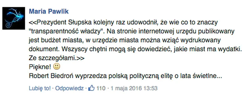 Komentarz pod artykułem: "Tak powinno być w każdym mieście". Robert Biedroń publikuje w sieci budżet Słupska
