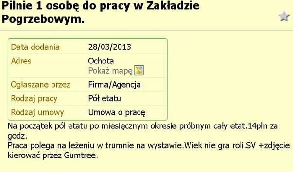Ogłoszenie oferty pracy w zakładzie pogrzebowym
