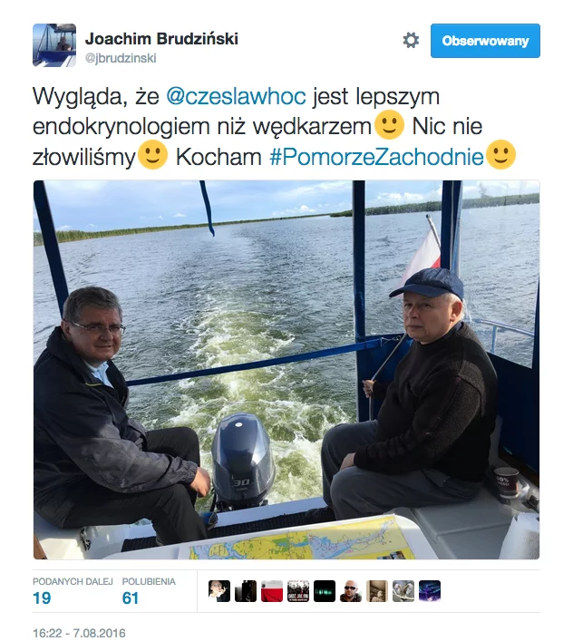 Joachim Brudziński wędkował z prezesem PiS , o czym poinformował na Twitterze.